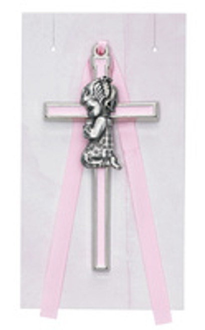 3 and 1 half inch crib cross made of metal with pink epoxy inlay and praying girl at center MAPW14P 3 and 1 half inch crib cross made of metal with pink epoxy inlay and praying girl at center MAPW14P