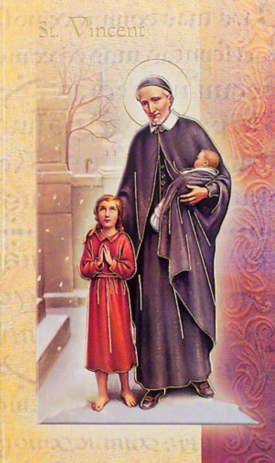saint vincent de paul bifold holy card with information and prayer made of glossy card stock measures 5 and 1 quarter by 3 and 1 quarter inches F5-562