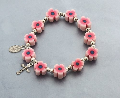 Crucifix & Miraculous Medal Bracelet, Pink Fimo Flowers, Silver