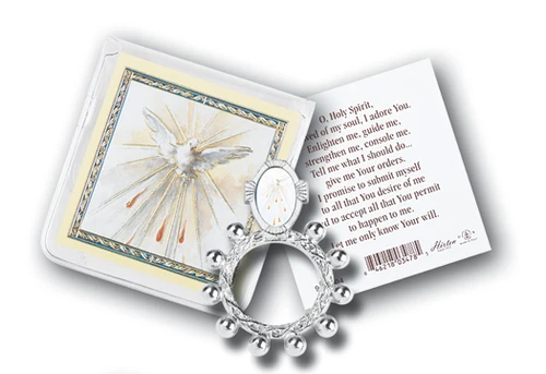 Rosary Ring with the Holy Spirit and prayer card with plastic pouch for safekeeping