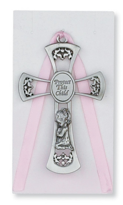 3 and 3 quarter inch pewter Praying girl Crib Cross with pink ribbon MAPW7P 3 and 3 quarter inch pewter Praying girl Crib Cross with pink ribbon MAPW7P