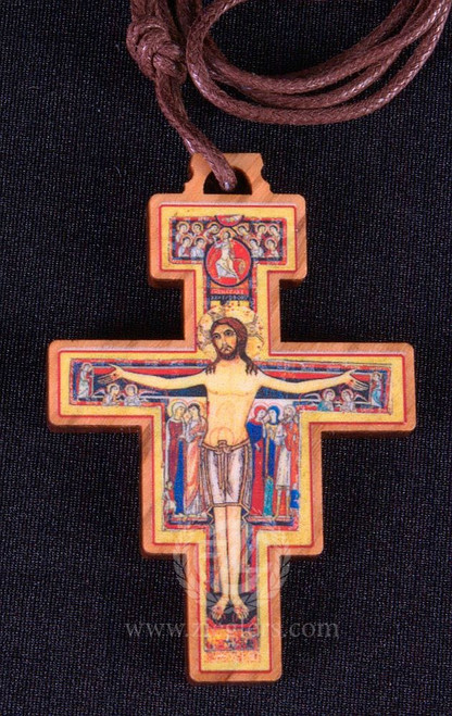 San Damiano Crucifix Pendant Necklace, Wood & Metal, 1-3/4