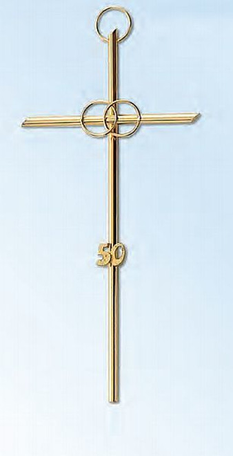 fiftieth Anniversary Cross gold with Double Ring and numeral 50 on base Made in Italy 7 and 3 quarters inches COC43620D0 fiftieth Anniversary Cross gold with Double Ring and numeral 50 on base Made in Italy 7 and 3 quarters inches COC43620D0