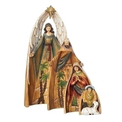 4 Piece Contemporary Nativity Includes Jesus Mary Joseph and 1 Angel Nesting Wood Look Made of Resin Tallest Piece Stands 11 inches RO31712 4 Piece Contemporary Nativity Includes Jesus Mary Joseph and 1 Angel Nesting Wood Look Made of Resin Tallest Piece Stands 11 inches RO31712