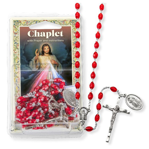 Divine Mercy Chaplet with Ruby Faceted Beads and Medal shown with packaging 
