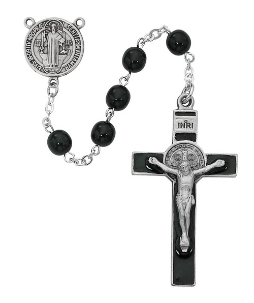 Saint Benedict Enameled Crucifix Rosary with Black Glass Beads