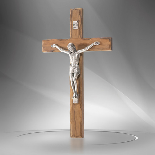 Wall Crucifix Medium Brown Finish Cross Broad with Scallop Edge and Silver Finish Corpus measures 9 and 3 quarters inches TIE4256
