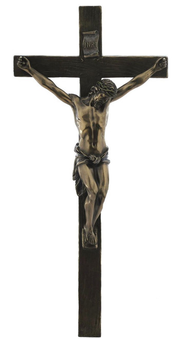 Wall Crucifix made of cold cast Bronze with bronze and & Pewter Finish measures 13 inches Wall Crucifix made of cold cast Bronze with bronze and & Pewter Finish measures 13 inches