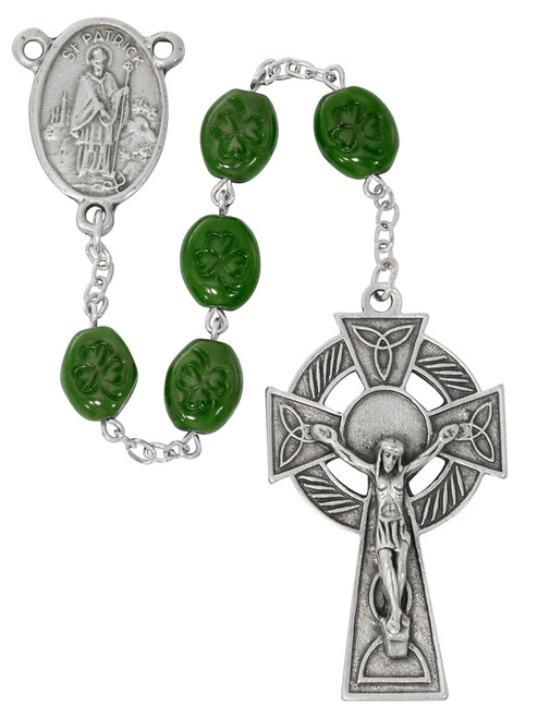 Saint Patrick Shamrock Rosary with Celtic Crucifix & Green Glass Beads