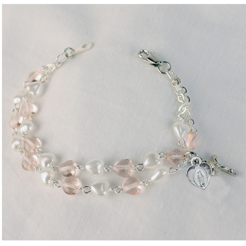 Crucifix & Miraculous Mead Bracelet | Pink & White Heart Beads ...