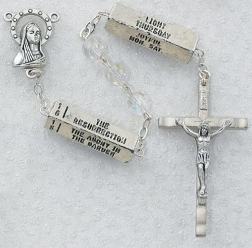 Mystery rosary beads with reminder beads throughout silver oxidized metal and crystal beads MA258R Mystery rosary beads with reminder beads throughout silver oxidized metal and crystal beads MA258R