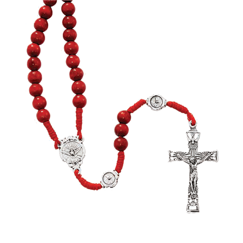 Rosary with Budded Cross Crucifix and Holy Spirit Centerpiece with Red Beads and cord 