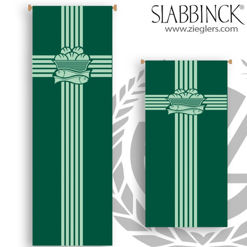 loave and fishes green banner has rod pocket and weighted hem choose 2 sizes from slabbinck of belgium SL71-72-13 loave and fishes green banner has rod pocket and weighted hem choose 2 sizes from slabbinck of belgium SL71-72-13