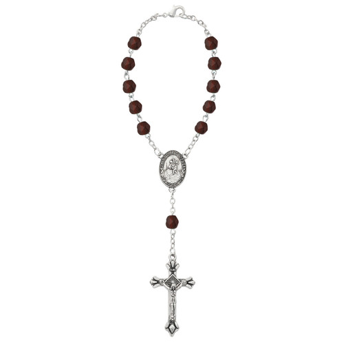 Garnet colored one decade auto rosary beads with Saint Christopher and lobster claw clasp