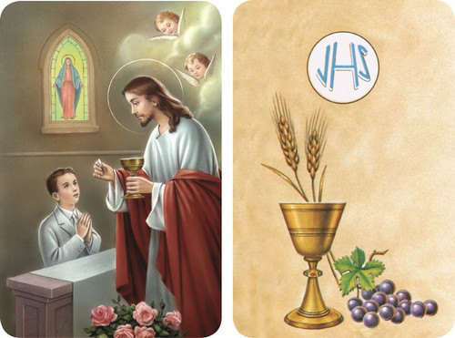 First Communion Boy Receiving the Sacrament from Jesus 2D Holy Card - both images