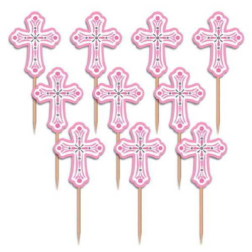 First Communion Cupcake Picks pink crosses Wood and Printed Paper 36 picks measuring 2 and 1 half inches AN400081