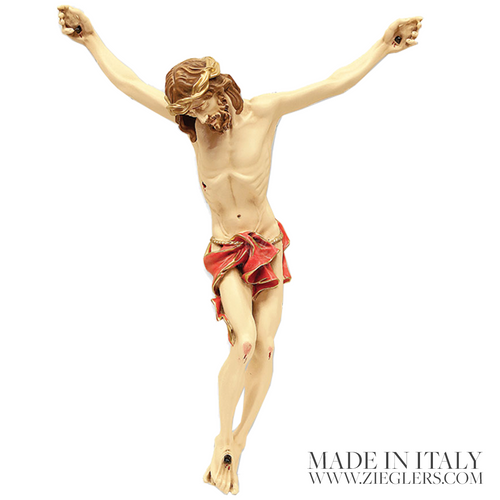 Corpus and INRI Scroll with carved wood texture flesh tone and red garment made in Italy ZZCRO