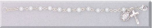 Rosary Bracelet with Silver-Toned Crucifix and  Miraculous Medal and Faux Pearl Beads with Lobster Claw Clasp measures 6 and 1 half inches HI741WT Rosary Bracelet with Silver-Toned Crucifix and  Miraculous Medal and Faux Pearl Beads with Lobster Claw Clasp measures 6 and 1 half inches HI741WT