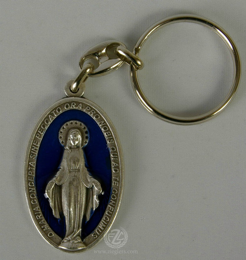 Marian keychain with blue enamel accent made of silver oxidized metal from italy measures 2 inches LALFPC055sm  Marian keychain with blue enamel accent made of silver oxidized metal from italy measures 2 inches LALFPC055sm