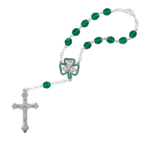 Irish auto rosary with green beads and Claddagh centerpiece