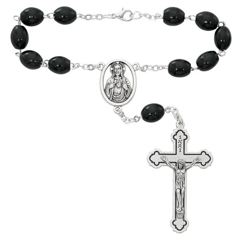 Sacred Heart Auto Rosary with Black Wood Beads 