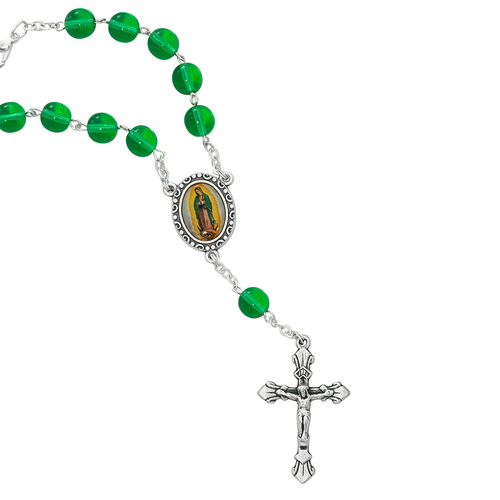 Specialty Auto Rosary with Our Lady of Guadalupe Center Green Beads 