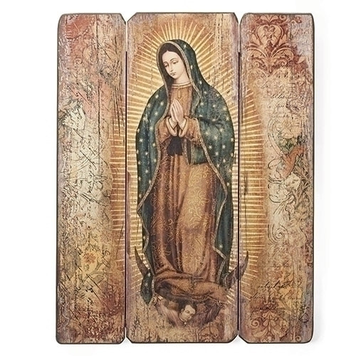 Our Lady of Guadalupe Decorative Wooden Plaque on three medium density fiberboard panels with vintage style accents measures 17 by 13 inches ro66421 Our Lady of Guadalupe Decorative Wooden Plaque on three medium density fiberboard panels with vintage style accents measures 17 by 13 inches ro66421