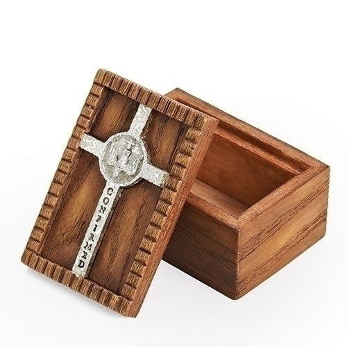 Confirmed Keepsake Box  | Wood Look | Silver Cross | 3 x 2 x 1-3/4 | Resin | 42310