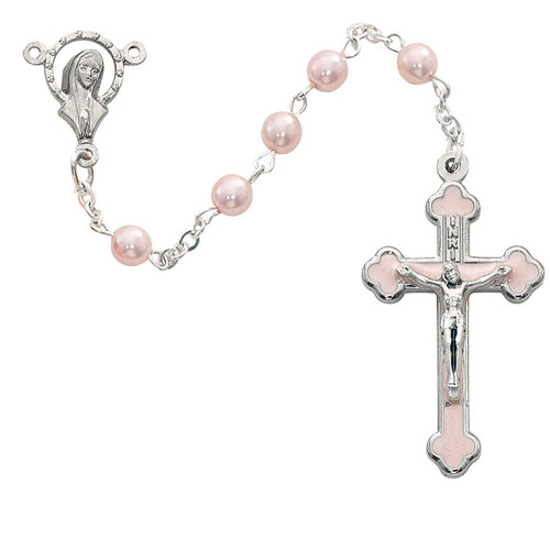 Pink Faux Pearl Rosary for Girls with Enameled Crucifix