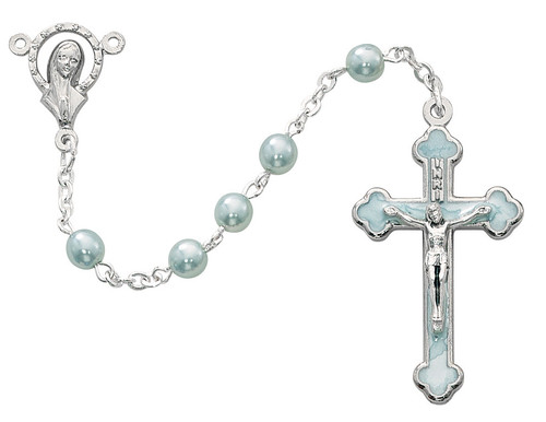 Blue Faux Pearl Rosary for Boys with Enameled Crucifix