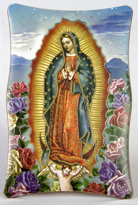 our lady of guadalupe plaque with gold accents  measures 2 and 3 quarter by 4 and 1 half inches from italy 1269M51 our lady of guadalupe plaque with gold accents  measures 2 and 3 quarter by 4 and 1 half inches from italy 1269M51
