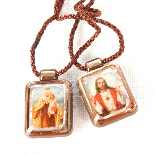 Brazilian Religious Necklace Scapular Plastic Brown Cord Jesus and Our Lady Brazilian Religious Necklace Scapular Plastic Brown Cord Jesus and Our Lady