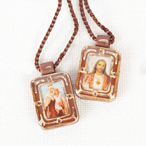 Small Brown Scapular with Sacred Heart of Jesus and Our lady of Mount Carmel in Plastic and Gold Edge Accents and Trim with Brown Cord RIMS261 Small Brown Scapular with Sacred Heart of Jesus and Our lady of Mount Carmel in Plastic and Gold Edge Accents and Trim with Brown Cord RIMS261