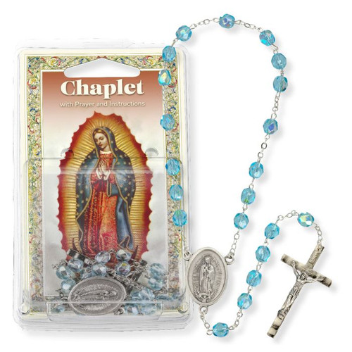 Our Lady of Guadalupe Chaplet with Aqua Glass Beads shown with packaging 