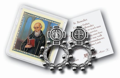 Saint Benedict Rosary Ring and Prayer Card Gift Set shown together