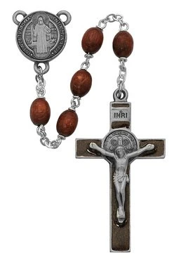 Saint Benedict Pewter Crucifix Rosary with Brown Wood Beads