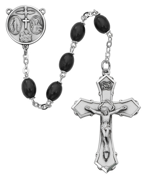 rosary beads with sterling silver Crucifix and  four way medal centerpiece and black wood beads MA139LBKF