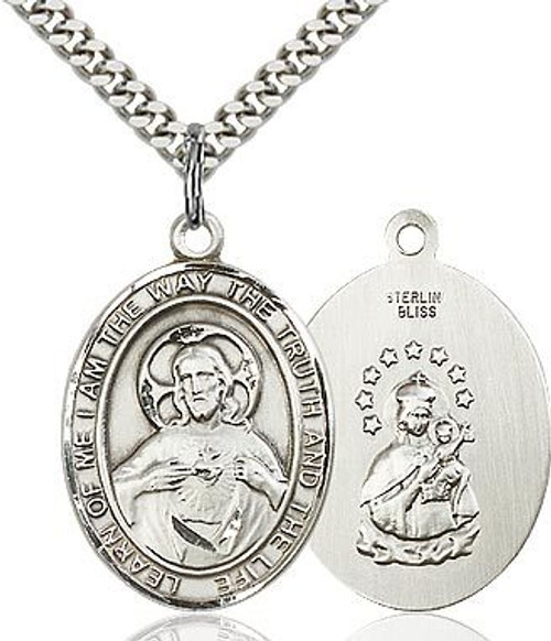 Sacred Heart of Jesus and Our Lady of Mount Carmel Scapular Sterling Silver Medal measures 1 by three quarters inches comes with 24 inch stainless silver curb chain 7098SS24S Sacred Heart of Jesus and Our Lady of Mount Carmel Scapular Sterling Silver Medal measures 1 by three quarters inches comes with 24 inch stainless silver curb chain 7098SS24S