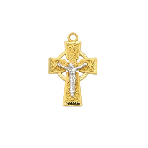 1 inch sterling silver crucifix with celtic cross and 2 tone finish 18 inch gold plated chain MAJT9185 1 inch sterling silver crucifix with celtic cross and 2 tone finish 18 inch gold plated chain MAJT9185