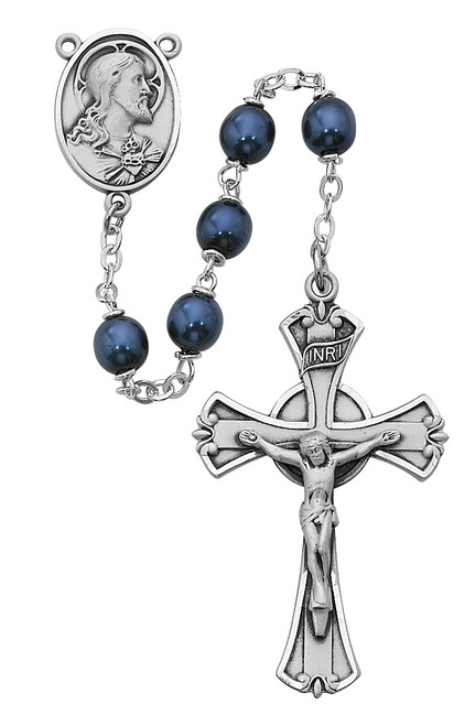 dark blue glass rosary beads with pewter crucifix and sacred heart of Jesus centerpiece MA593DF dark blue glass rosary beads with pewter crucifix and sacred heart of Jesus centerpiece MA593DF