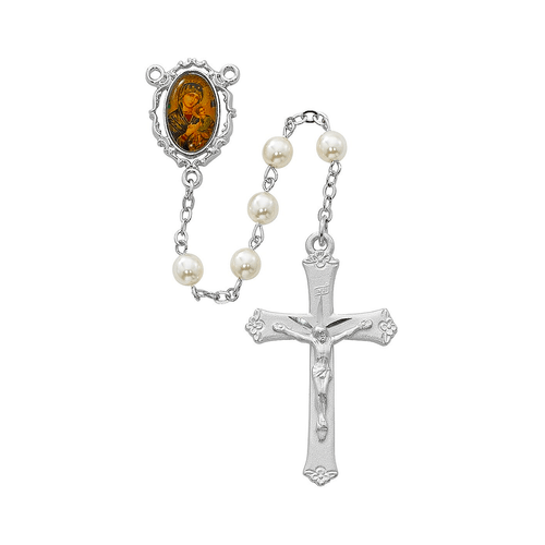 6 millimeter faux pearl glass rosary beads with pewter Crucifix and our lady of perpetual help centerpiece measures 20inches MAR598RF 6 millimeter faux pearl glass rosary beads with pewter Crucifix and our lady of perpetual help centerpiece measures 20inches MAR598RF