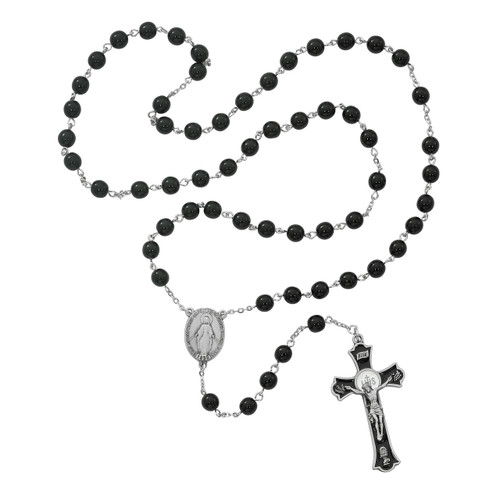 Black Glass Beaded Rosary with Holy Mass Pewter Center and Crucifix and Black Epoxy Accent MAR560DF Black Glass Beaded Rosary with Holy Mass Pewter Center and Crucifix and Black Epoxy Accent MAR560DF