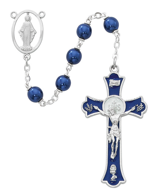 Blue Metallic Rosary with Holy Mass Crucifix close up 