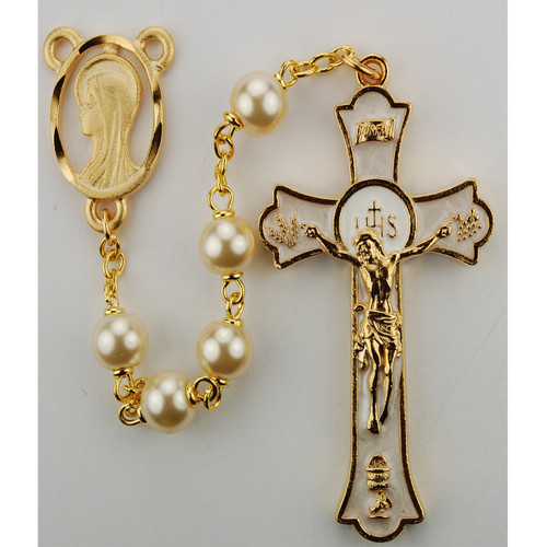 Gold and Pearl Beaded Rosary | Holy Mass Gold Plated Pewter Center and ...