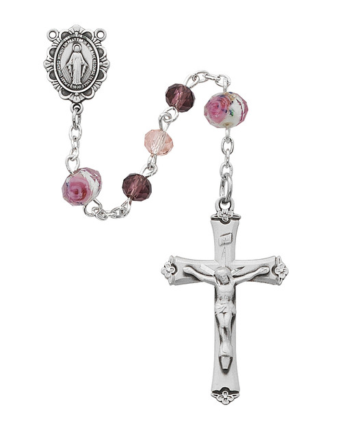 Crystal Rosary with Purple and Rose Beads and Floral Accents close up