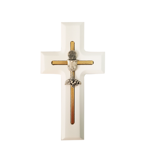 Blessed Sacrament Communion Cross Blessed Sacrament on cross made of White painted Wood & Metal measures 5 inches DV77396 Blessed Sacrament Communion Cross Blessed Sacrament on cross made of White painted Wood & Metal measures 5 inches DV77396