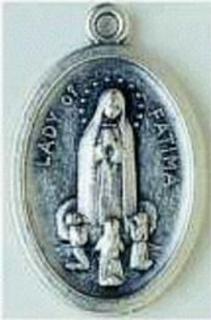 Our Lady Of Fatima Medal Oval Oxidized Medal with Pray For Us on back measures 3 quarters by 5 eighths by 1 sixteenth inches BOM29E
