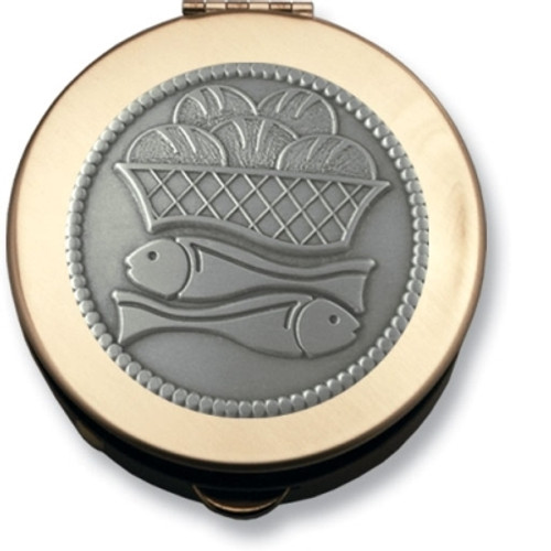 Brass Pyx with loaves and fish emblem measures 1 and 1 half by 1 half inches Made In USA CTPS741 Brass Pyx with loaves and fish emblem measures 1 and 1 half by 1 half inches Made In USA CTPS741