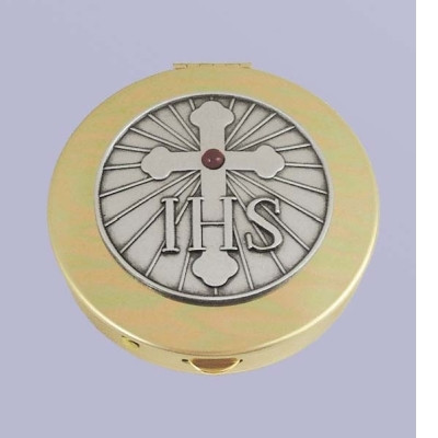 Budded Cross IHS Brass Pyx with Pewter Emblem Lid 