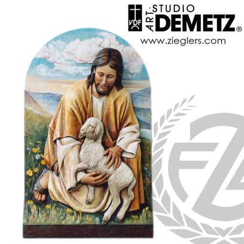 Jesus with lamb arch relief measures 40 inches made of fiberglass in choice of bronze color or white marble finishes crafted in Italy DM10066 Jesus with lamb arch relief measures 40 inches made of fiberglass in choice of bronze color or white marble finishes crafted in Italy DM10066